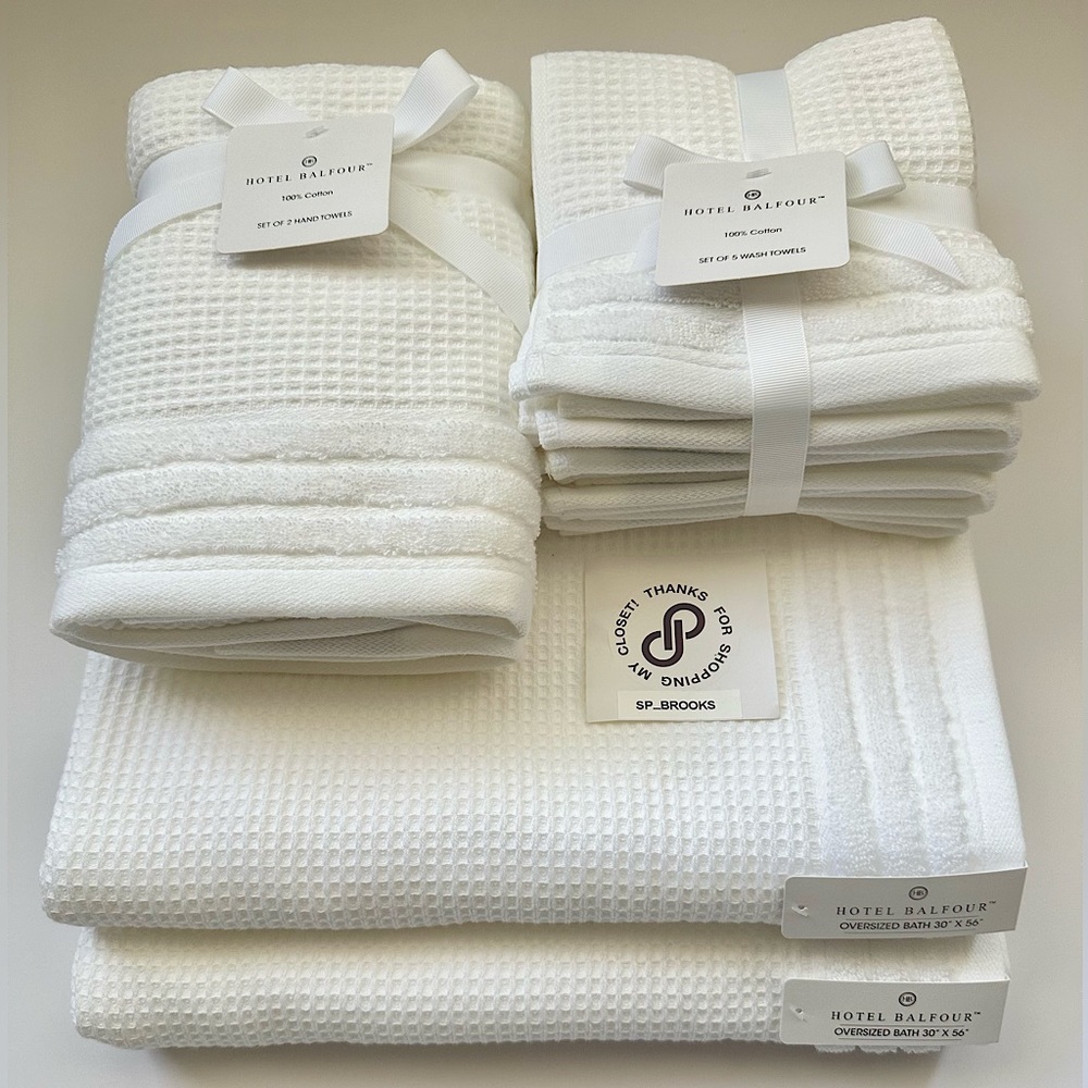 🎁9 PC Hotel Balfour Oversized Bath Towel Set- Cotton- White Waffle Texture